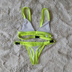 Fashion Nova Buckle Bikini Set- neon yellow & white